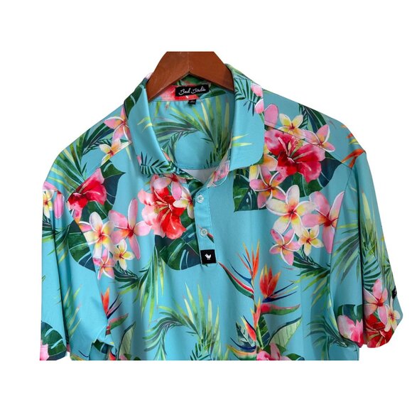 Bad Birdie Mens XL Hawaiian Floral Polo Shirt Tropical Short Sleeve Polyester - Picture 3 of 8